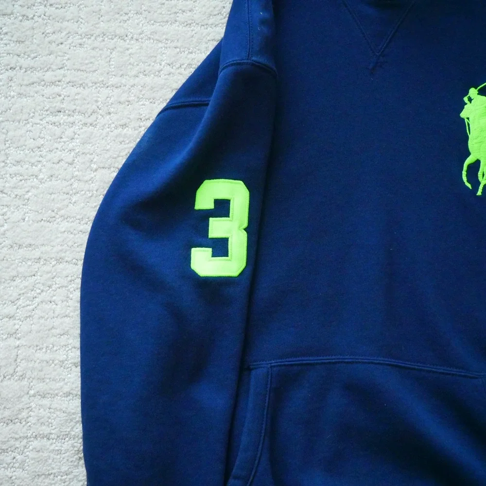 Polo Ralph Lauren Big Pony Hoodie Navy Blue Neon Green Mens Small S Pullover